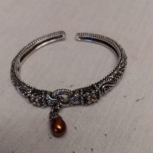 Barbara BIxby Sterling Silver Hinged Bracelet W/ 18 K Gold Fowers & Brown Pearl